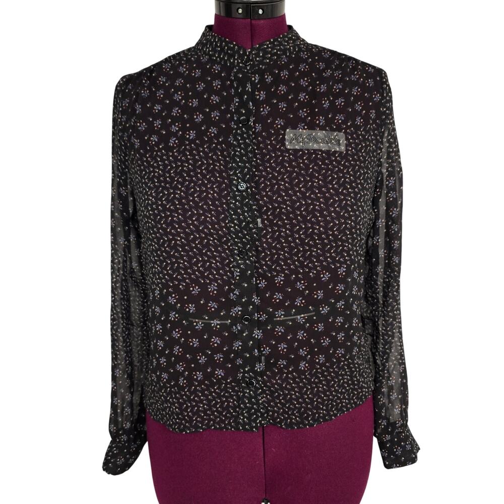Women's Forever 21 Black Floral Sheer Button Up Open/Crop Back - Size Medium